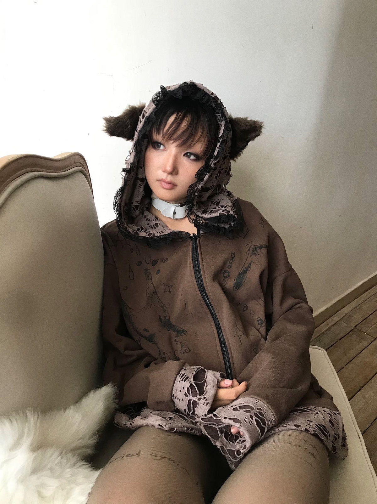 Distressed Zip Hoodie with Cat-Ear Hair Clip