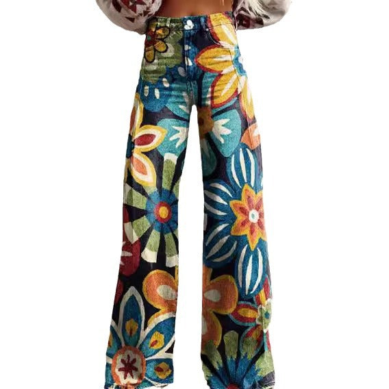 Printed Denim-Look Wide-Leg Pants