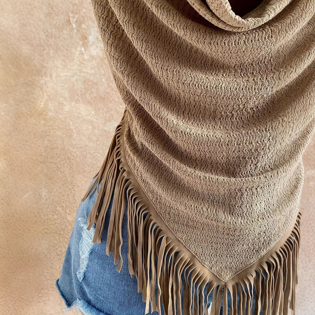 Fringed Cowl-Neck Halter Top