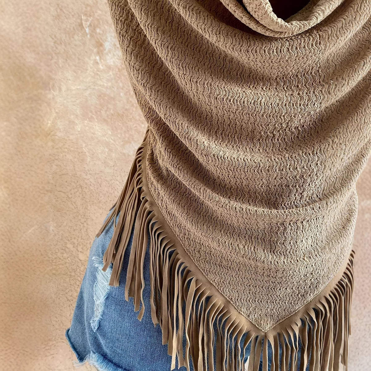 Fringed Cowl-Neck Halter Top