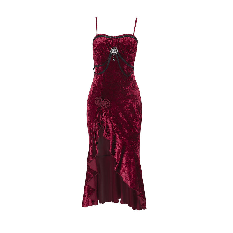 Gothic Lace-Trim Slit Maxi Dress