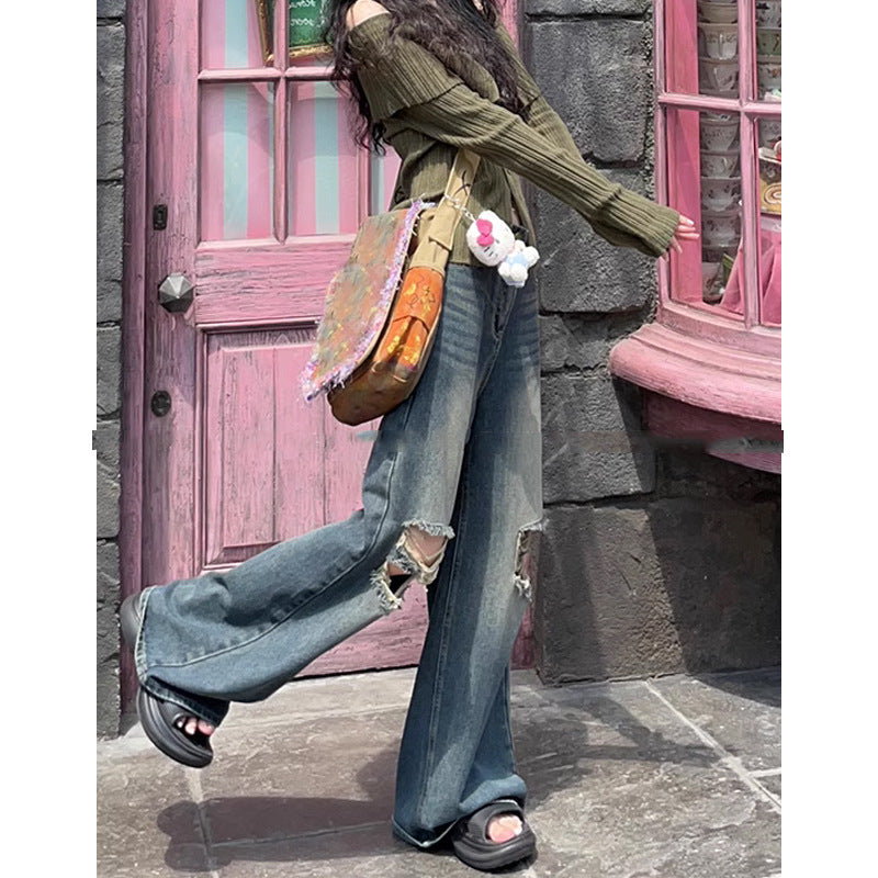 Washed Distressed Straight-Leg Jeans