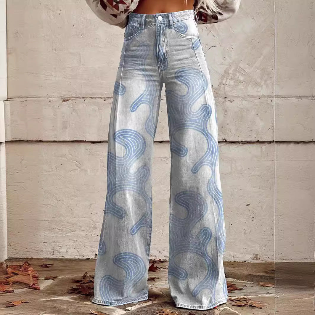 Printed Denim-Look Wide-Leg Pants