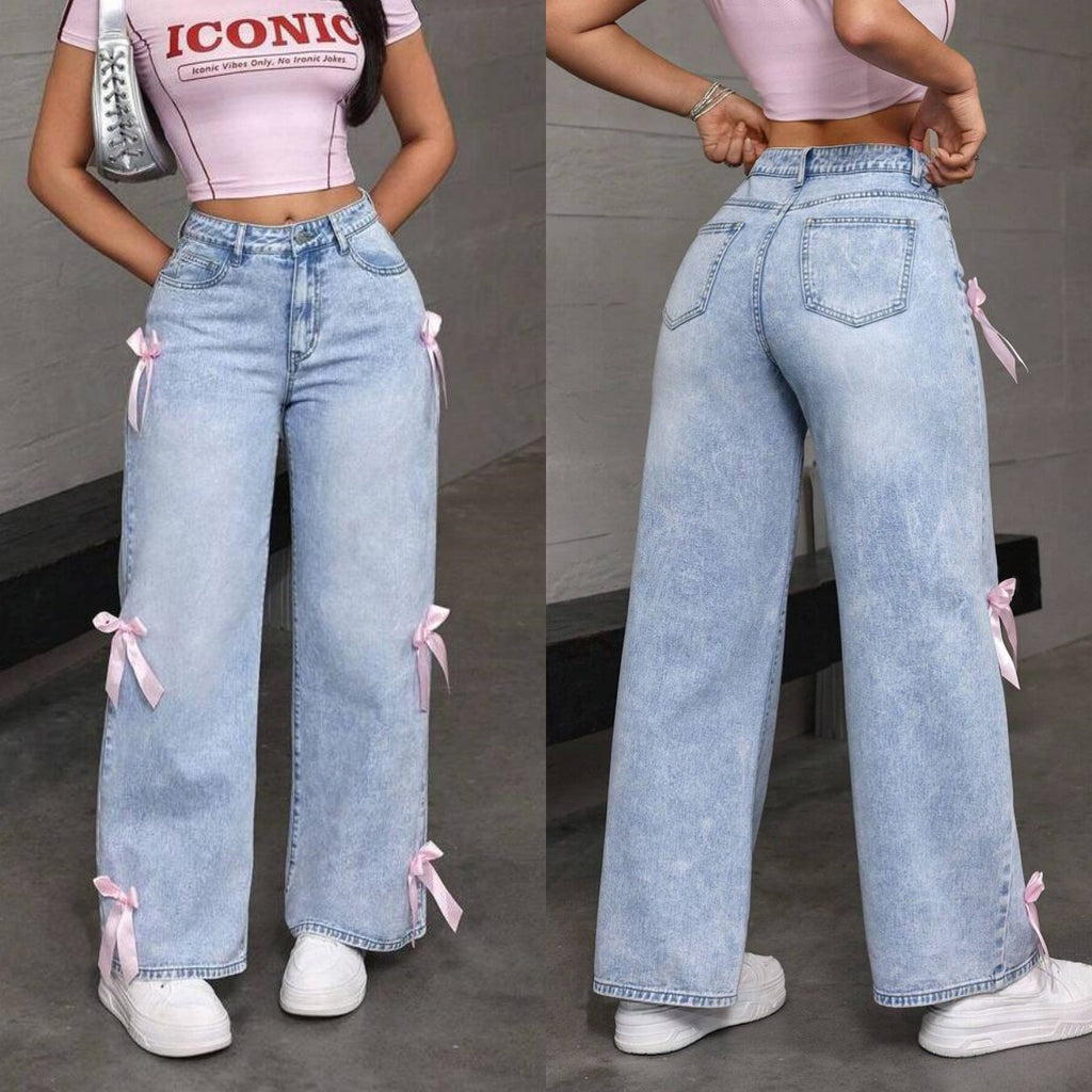 Bow-Detail Wide-Leg Jeans