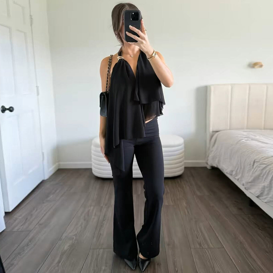 Asymmetric Mesh-Panel Halter Top