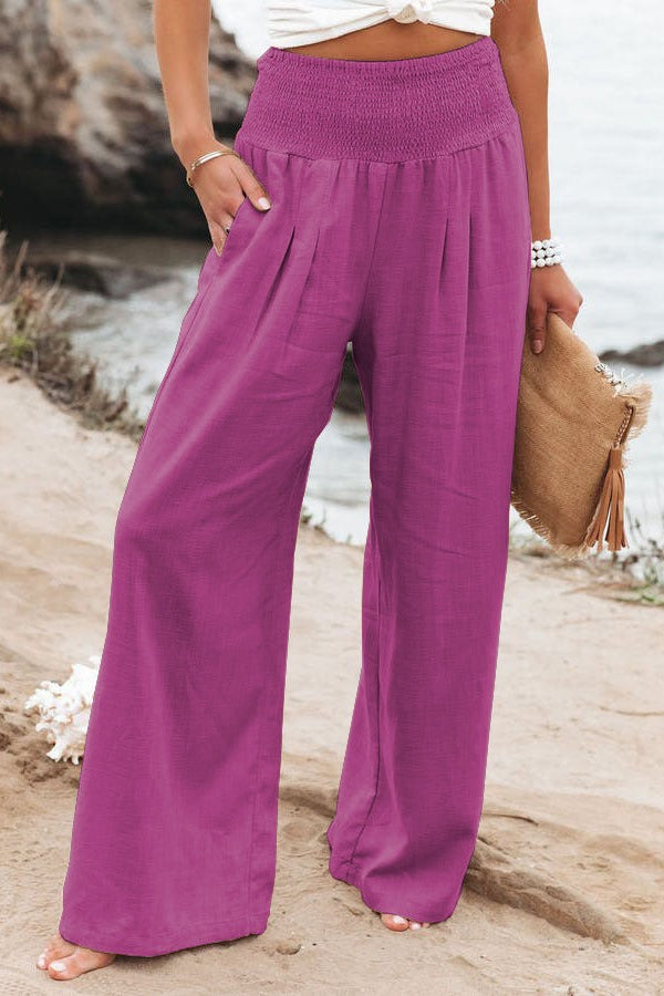 Smocked-Waist Wide-Leg Pants