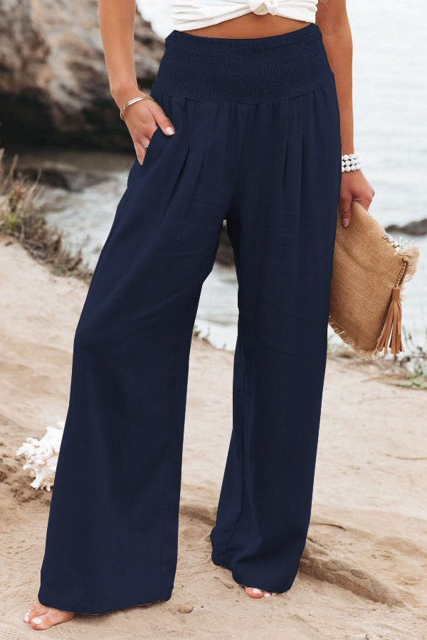 Smocked-Waist Wide-Leg Pants
