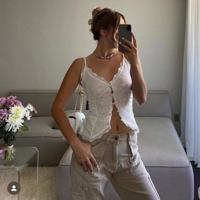Lace-Trim Button-Front Cami