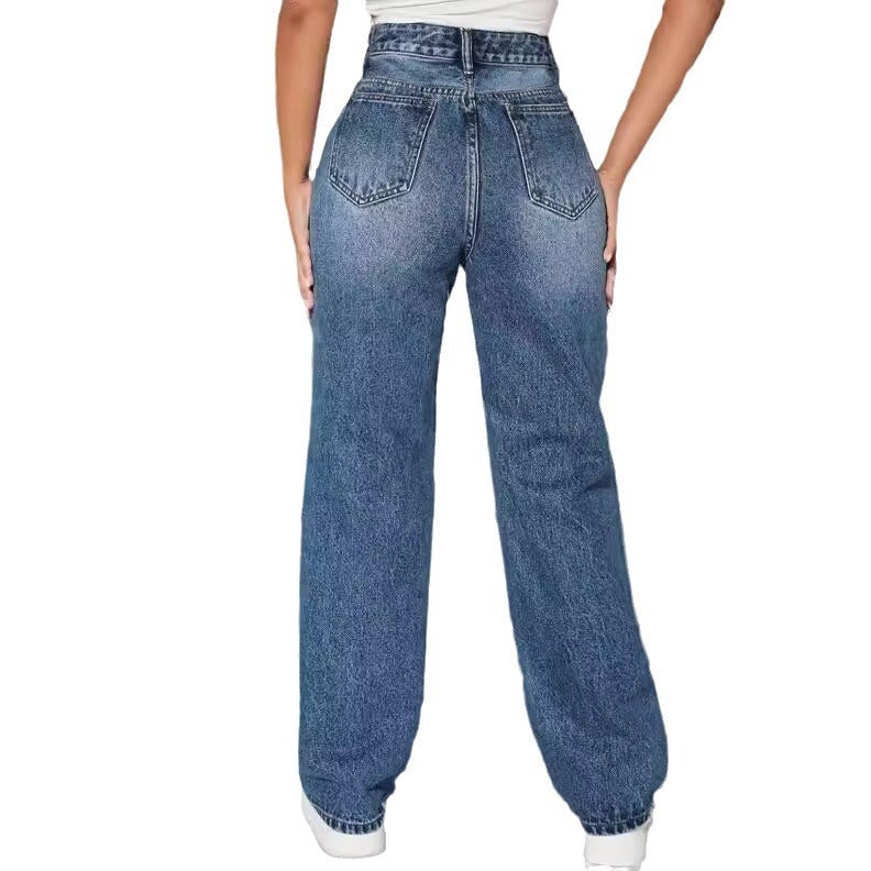High-Waisted Ripped Straight-Leg Jeans
