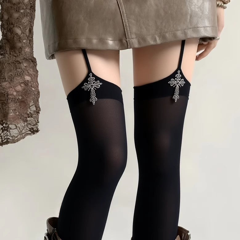 Cross-Detail Thigh-High Stockings