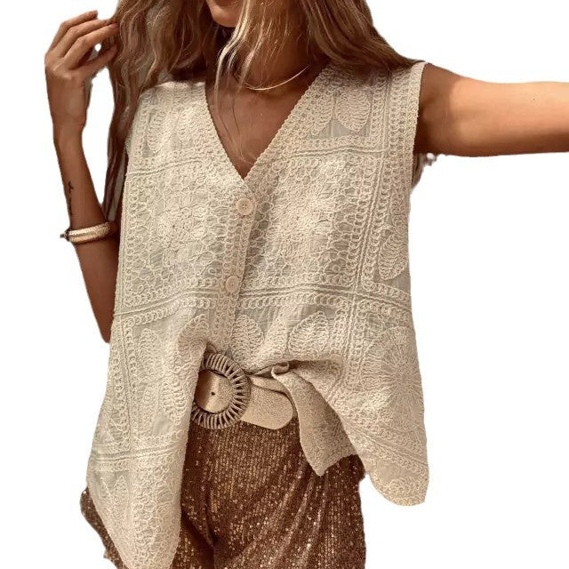 Openwork V-Neck Button Vest
