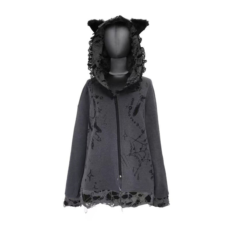 Distressed Zip Hoodie with Cat-Ear Hair Clip