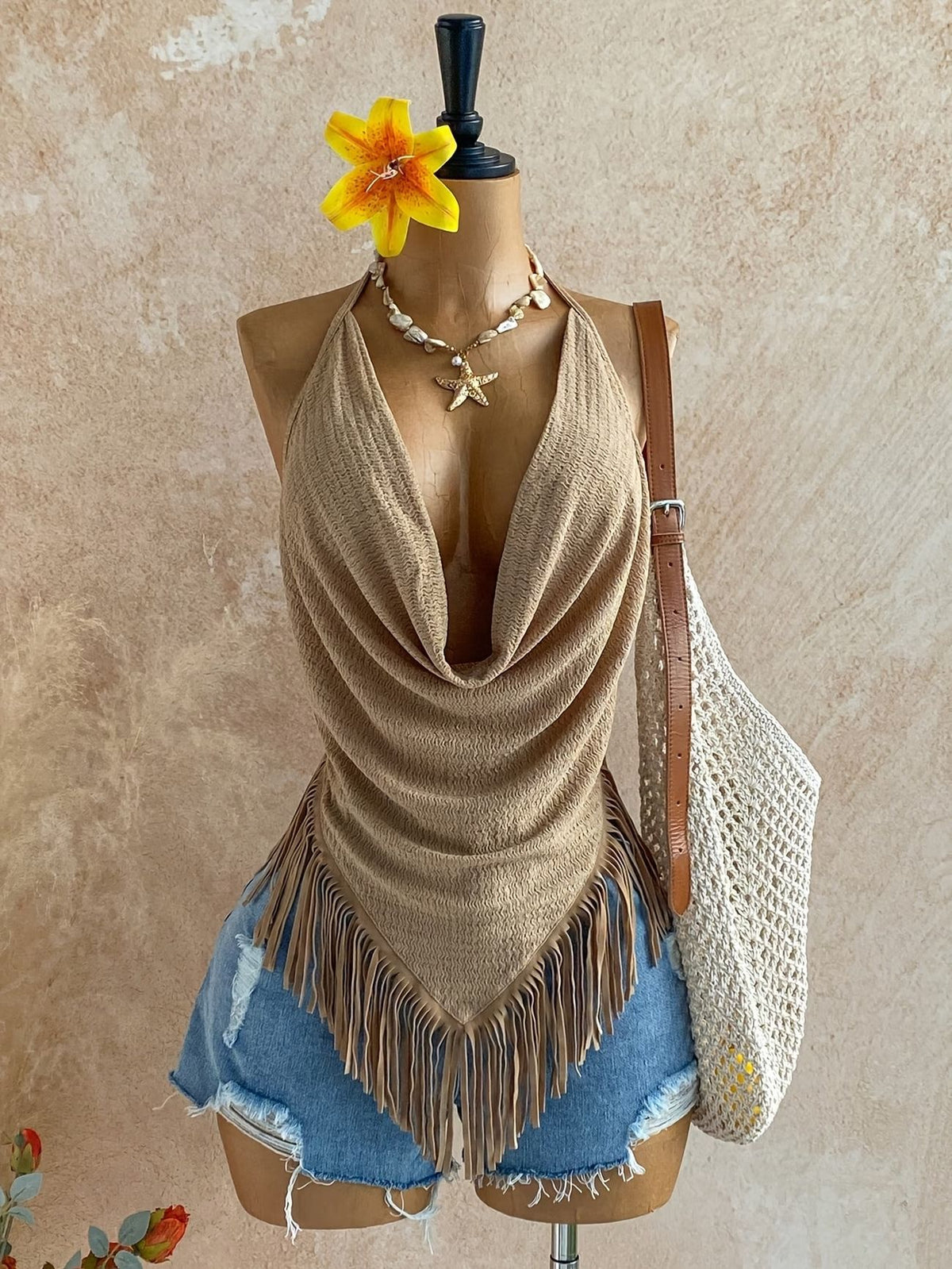 Fringed Cowl-Neck Halter Top