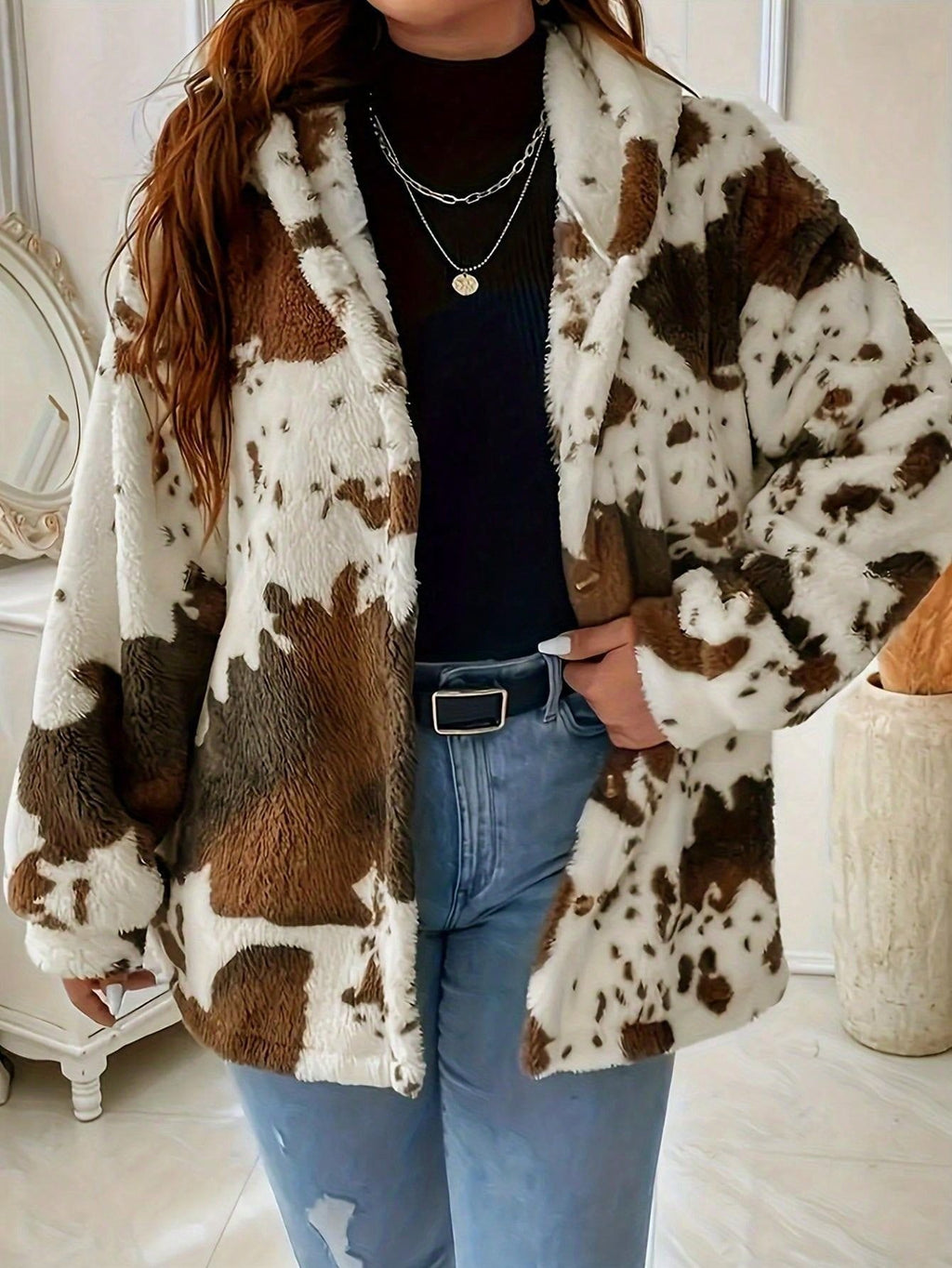 Cow-Print Plush Button Jacket