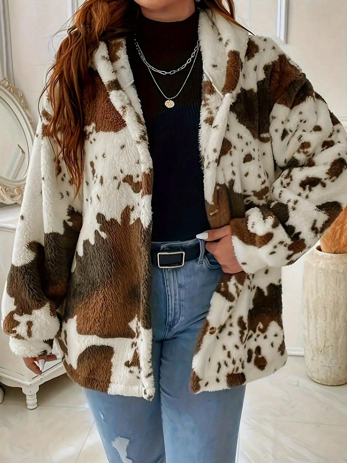 Cow-Print Plush Button Jacket