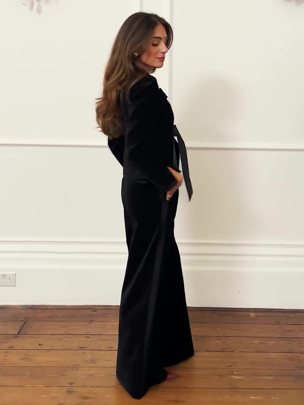 Velvet Bow Jacket & Wide-Leg Pants Set