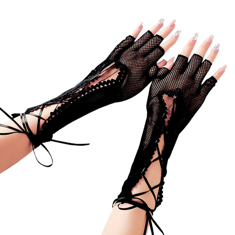 Lace-Up Fingerless Mesh Gloves