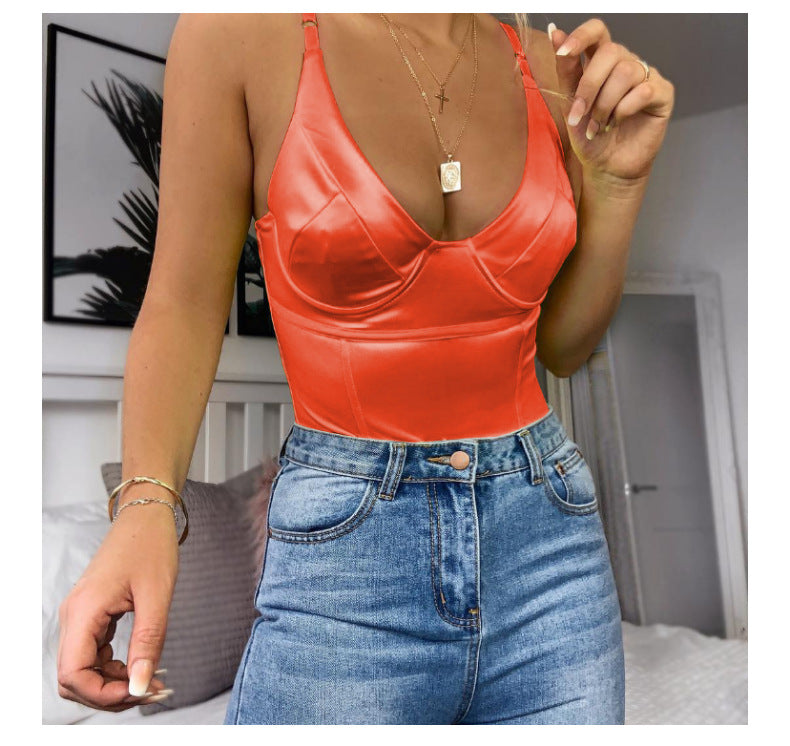 V-Neck Satin-Finish Bodysuit