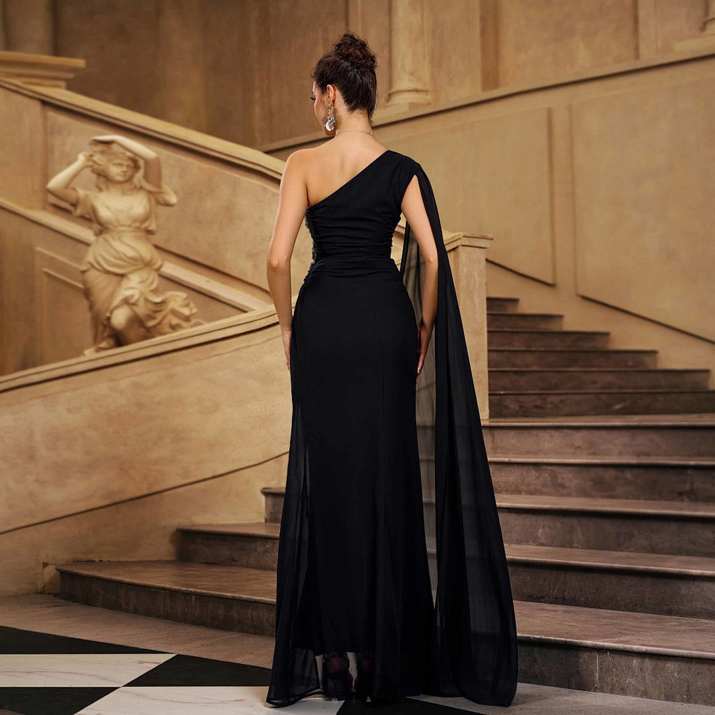 Beaded One-Shoulder Evening Gown