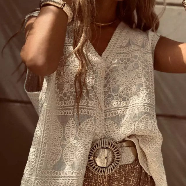 Openwork V-Neck Button Vest