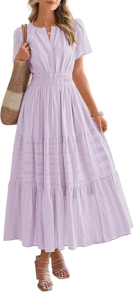 V-Neck Puff-Sleeve Tiered Dress