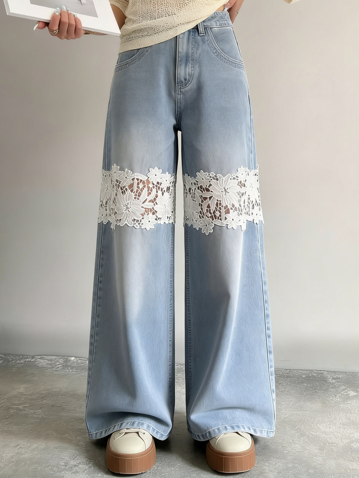 Lace-Insert Wide-Leg Jeans