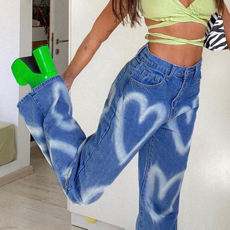 Heart-Print High-Waisted Straight-Leg Jeans