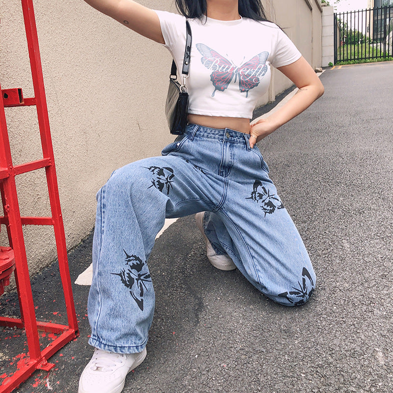 Butterfly-Print Wide-Leg Jeans