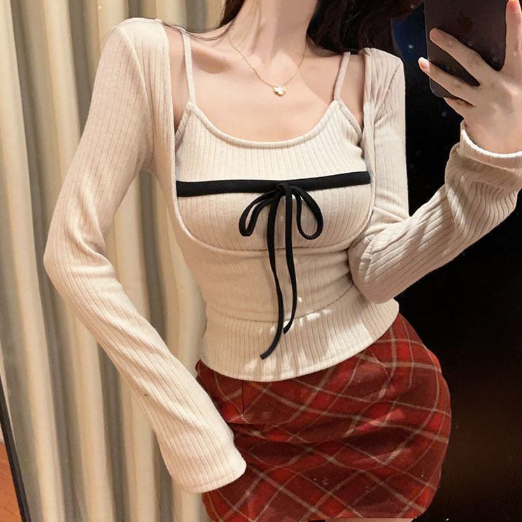 Bow-Detail Long-Sleeve Layered Top
