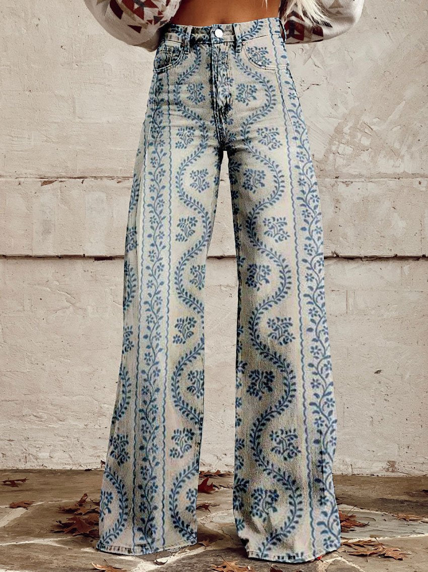 Printed Denim-Look Wide-Leg Pants