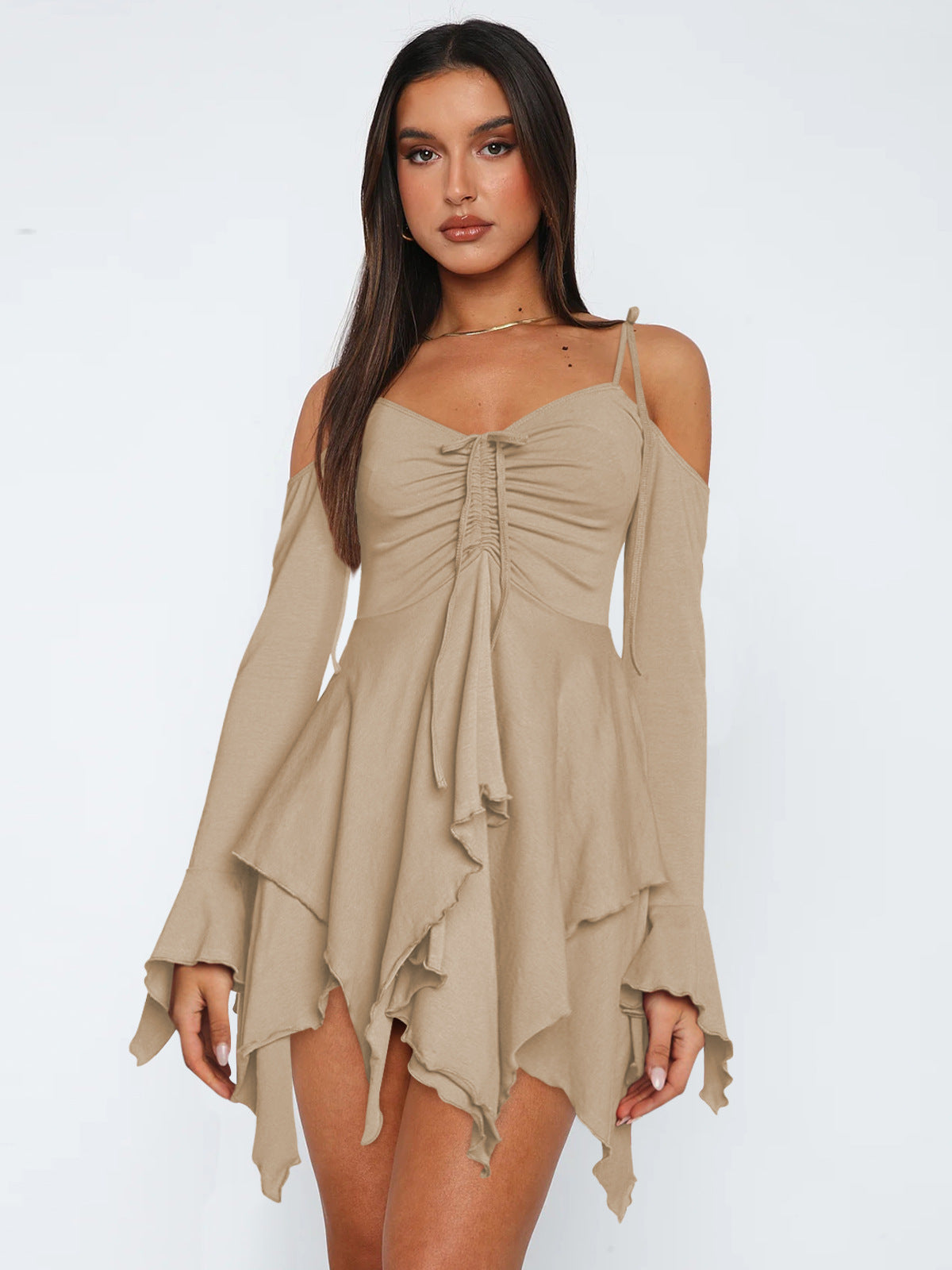 Cold-Shoulder Handkerchief-Hem Mini Dress