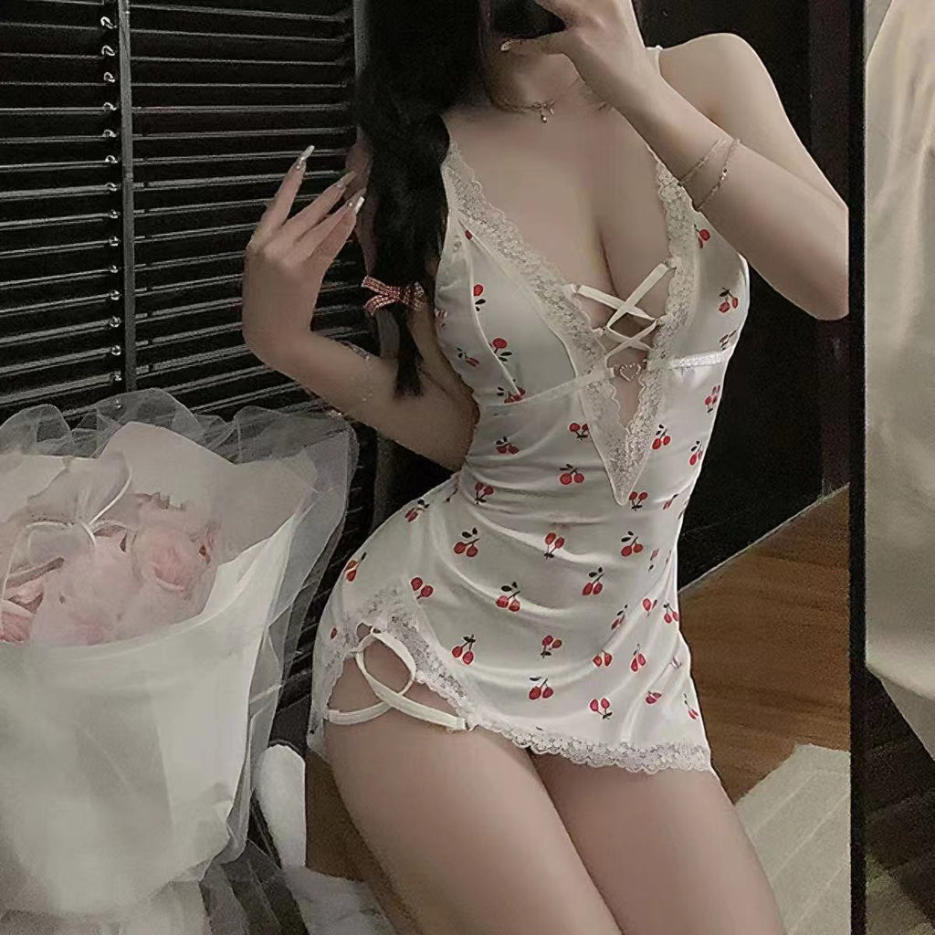 Cherry-Print Lace-Trim Nightdress