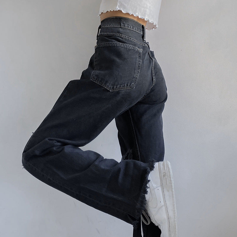 Ripped-Knee Straight-Leg Jeans