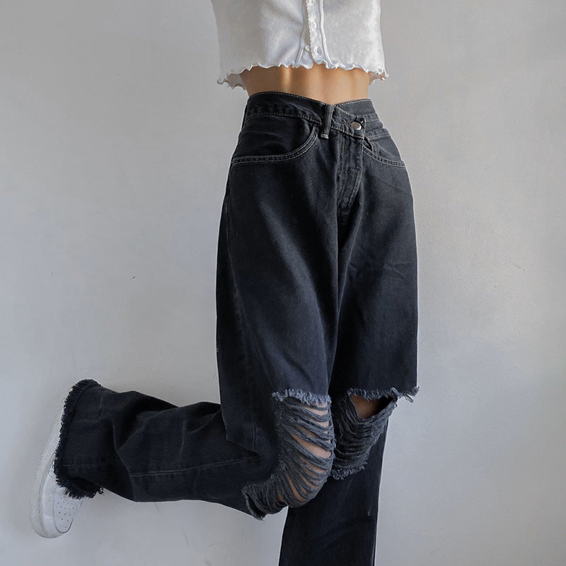 Ripped-Knee Straight-Leg Jeans