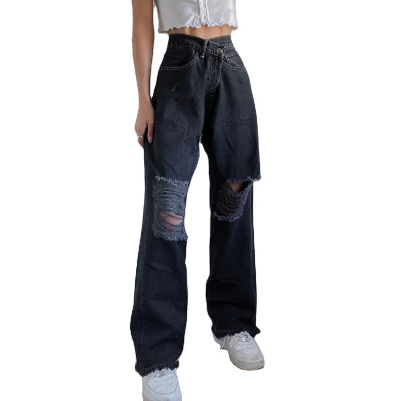 Ripped-Knee Straight-Leg Jeans