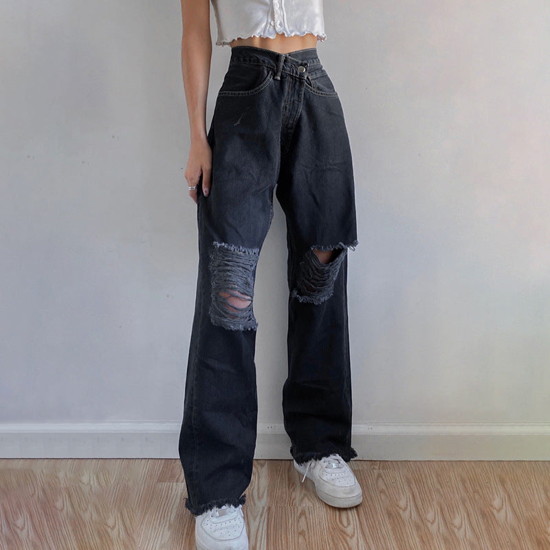 Ripped-Knee Straight-Leg Jeans