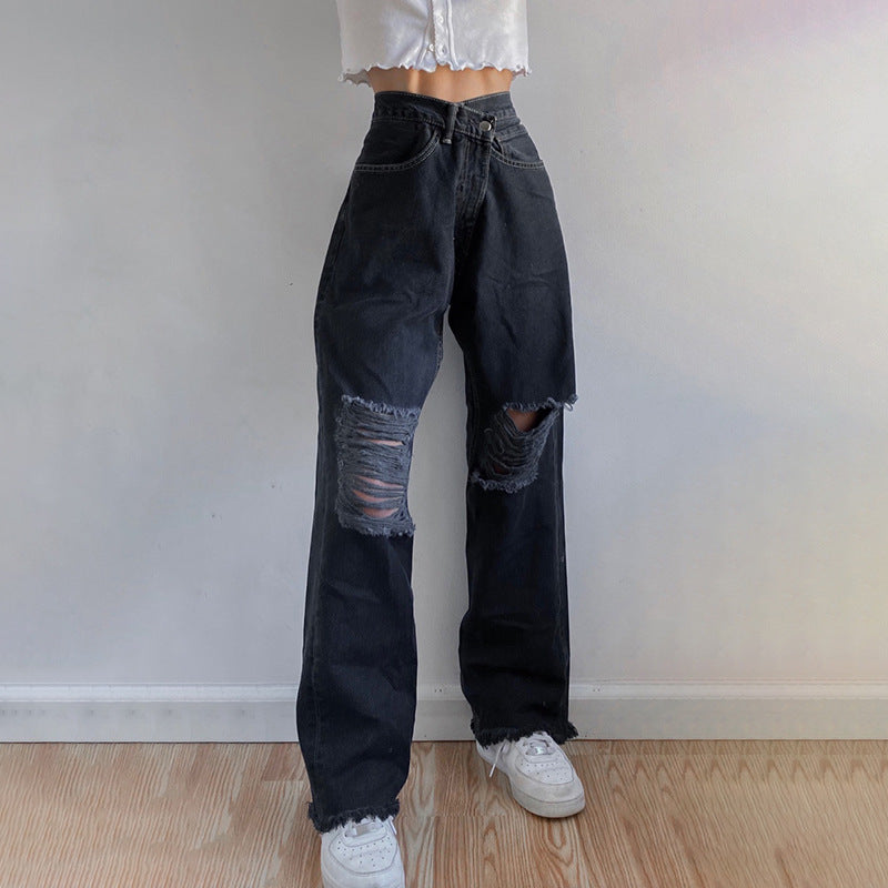 Ripped-Knee Straight-Leg Jeans
