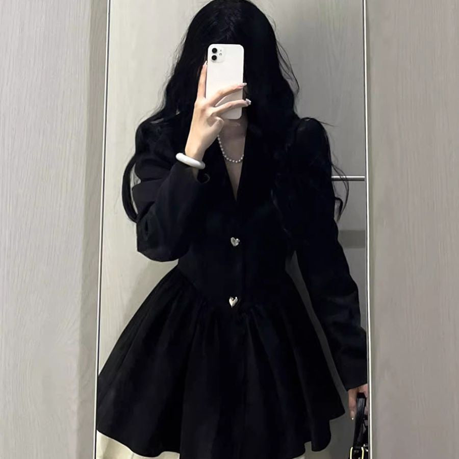 Button-Front Long-Sleeve Mini Dress