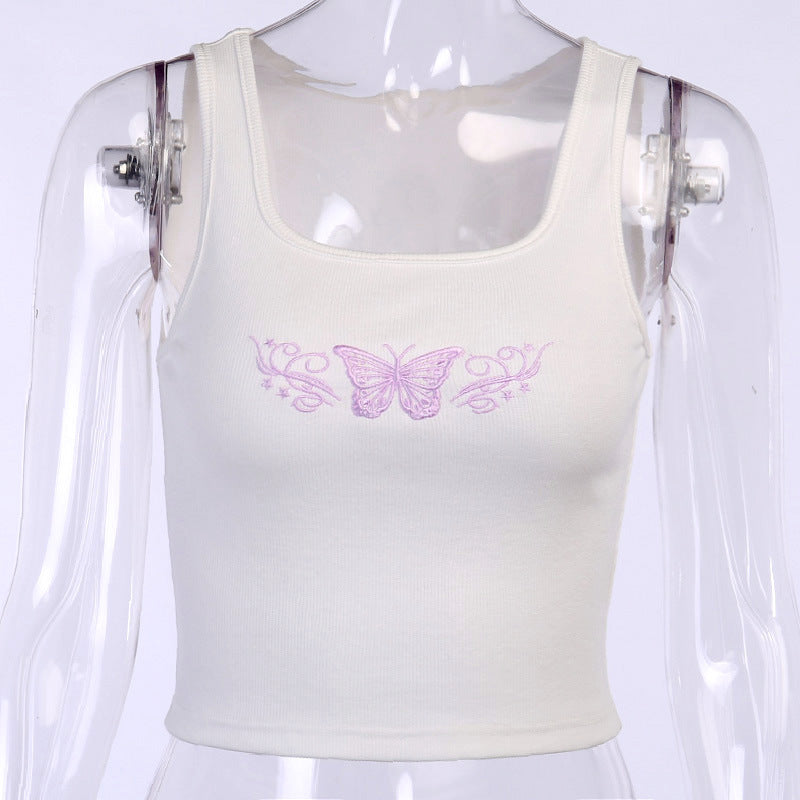 Butterfly-Embroidered Crop Tank