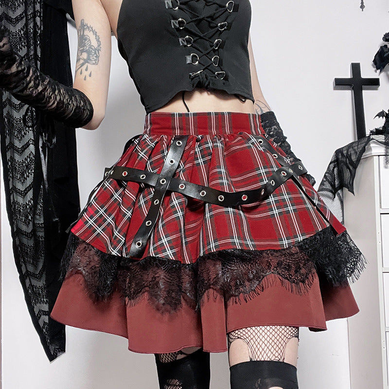 Plaid & Lace Tiered Mini Skirt