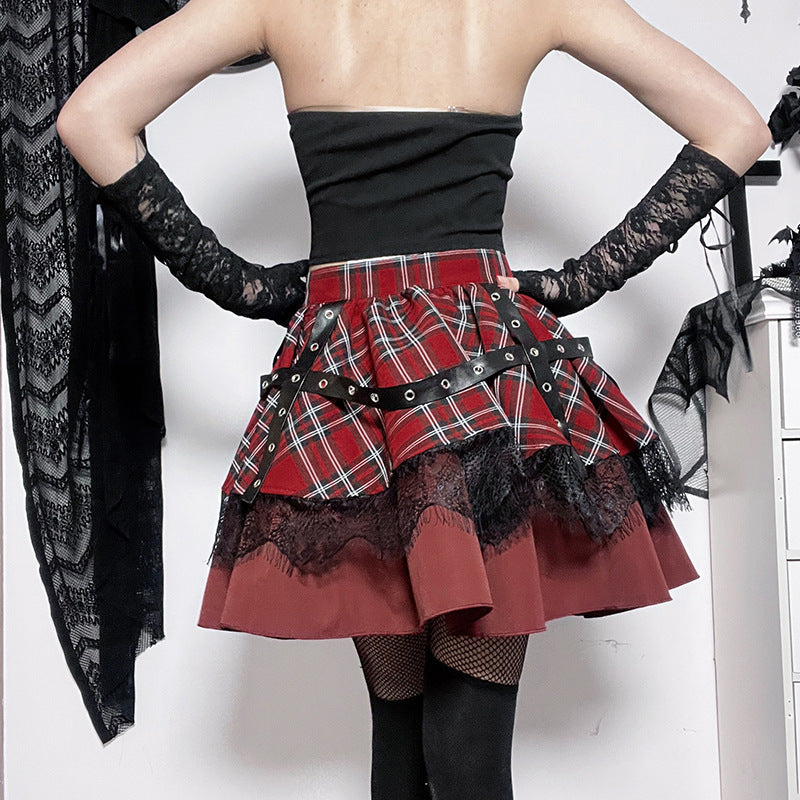 Plaid & Lace Tiered Mini Skirt