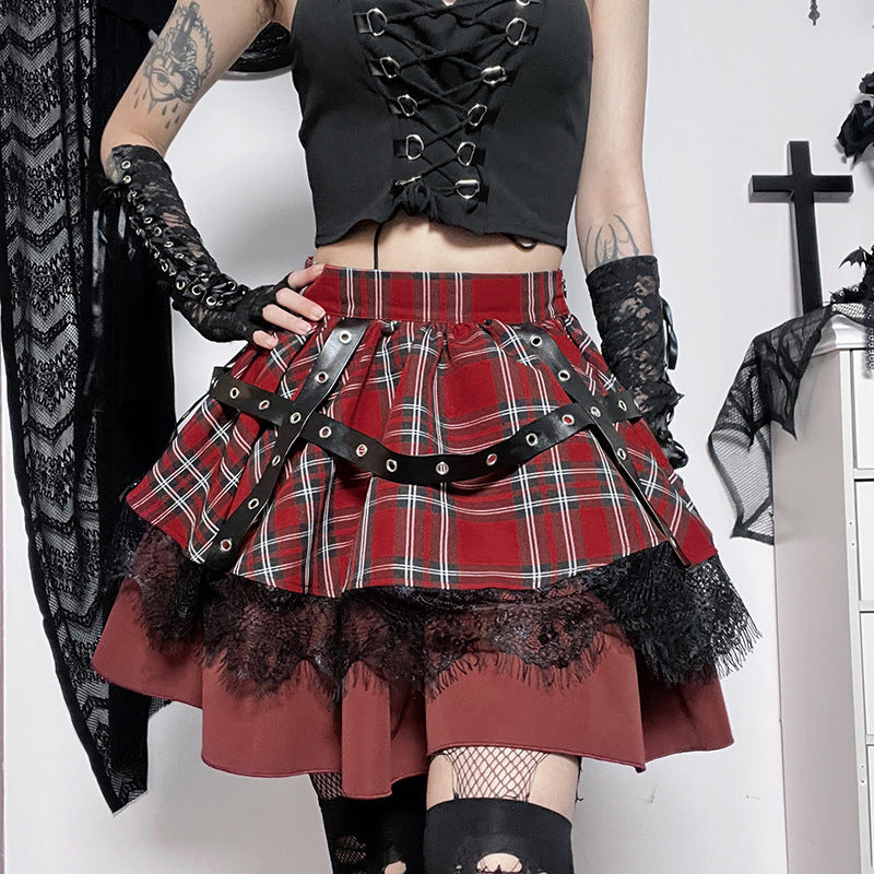 Plaid & Lace Tiered Mini Skirt