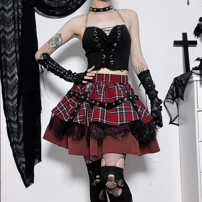 Plaid & Lace Tiered Mini Skirt