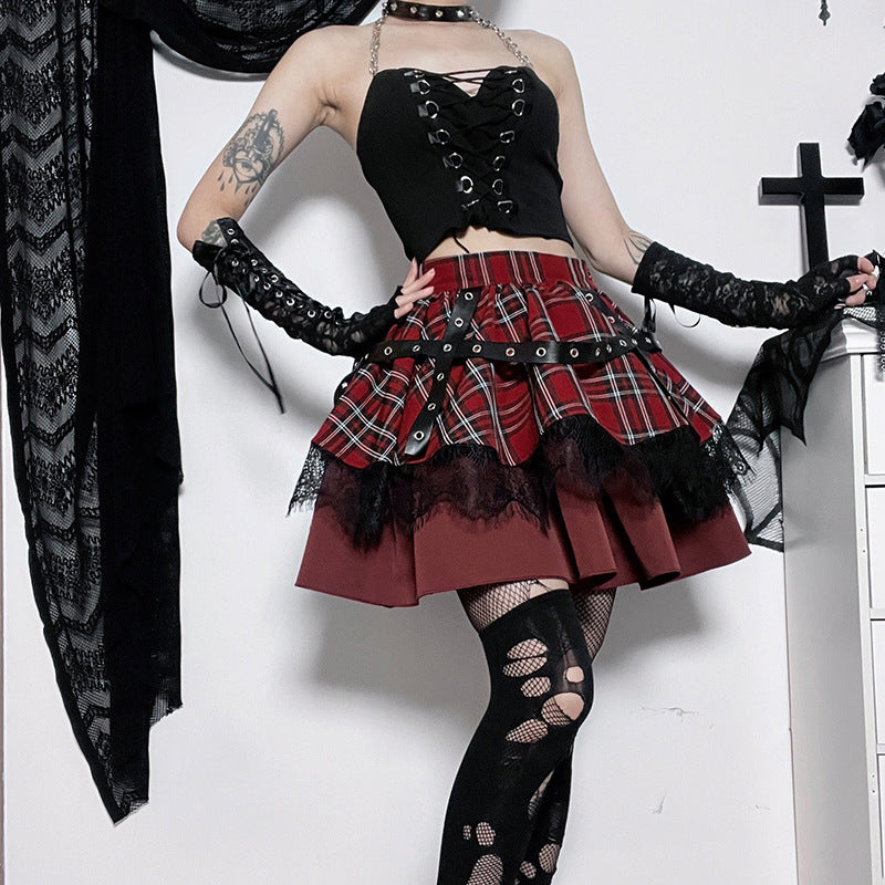 Plaid & Lace Tiered Mini Skirt