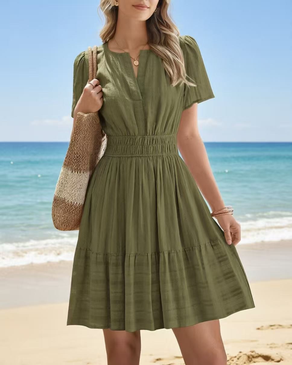 V-Neck Puff-Sleeve Mini Dress