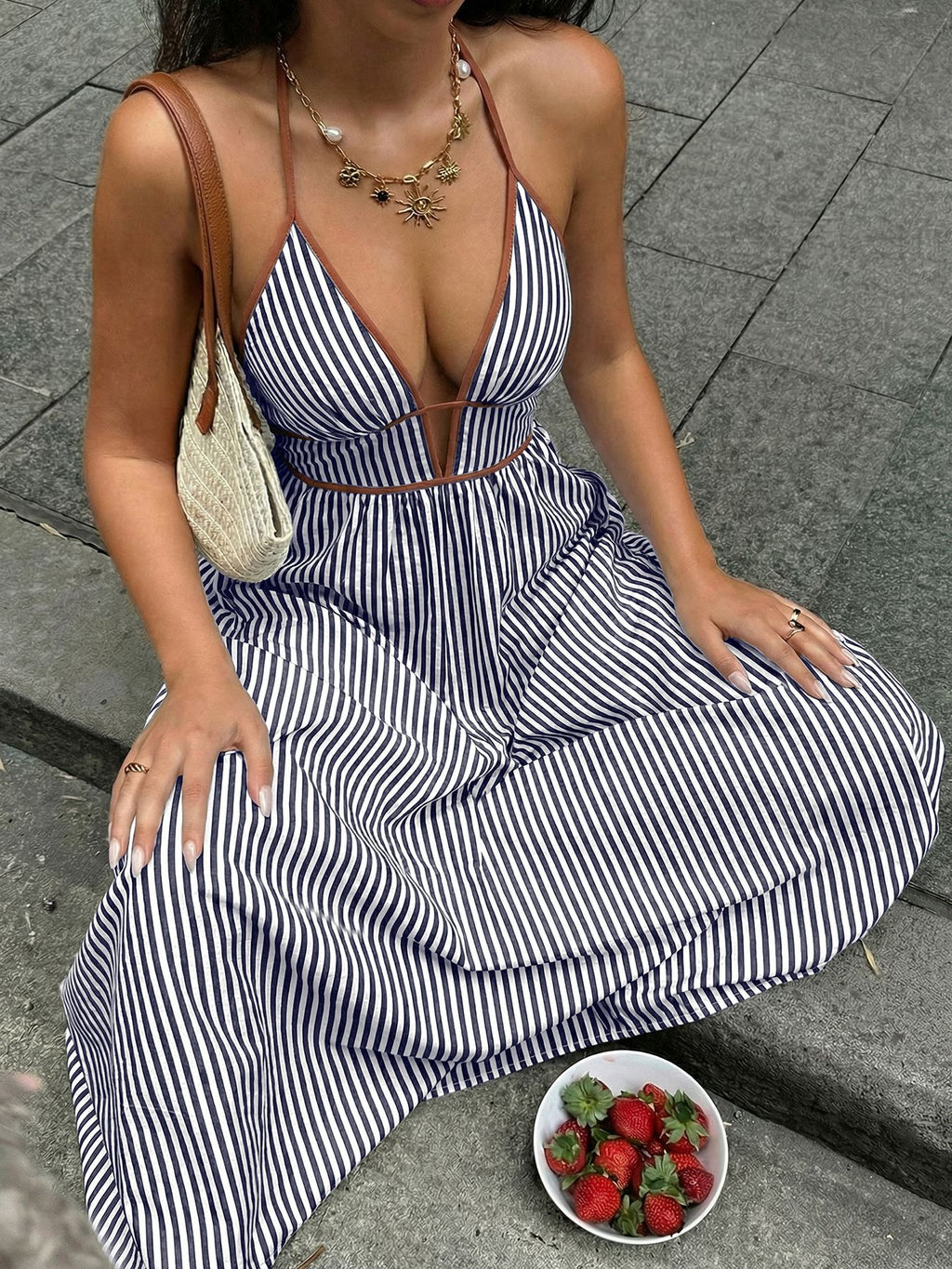 Striped Deep V-Neck Maxi Dress