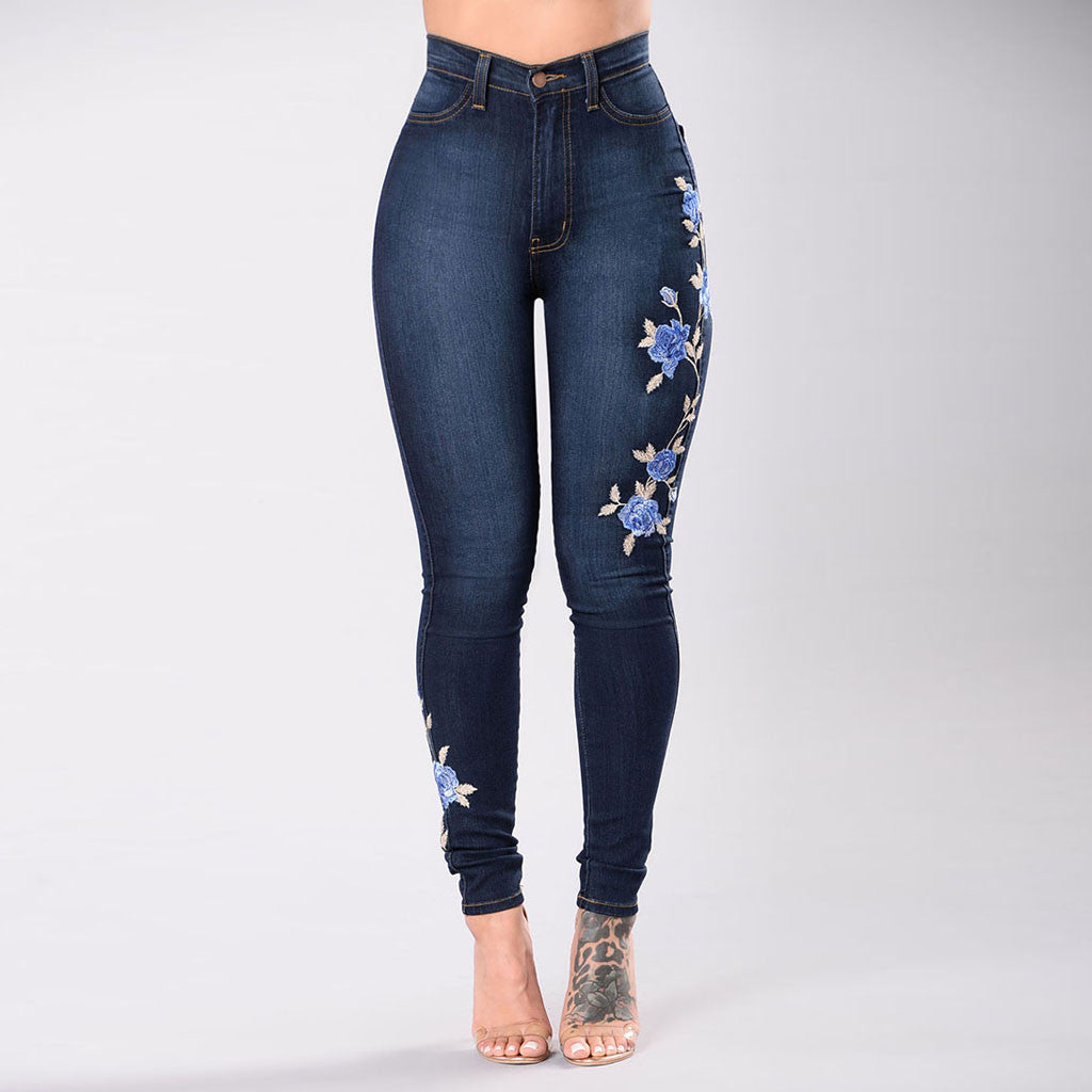 Floral-Embroidered Skinny Jeans