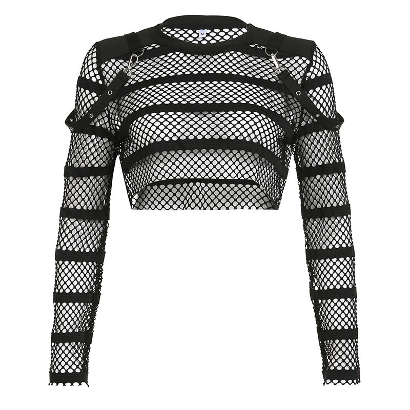 Striped Mesh Long-Sleeve Crop Top