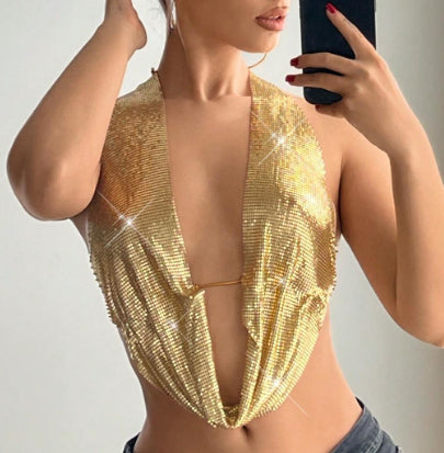 Metallic-Effect Plunge Halter Top