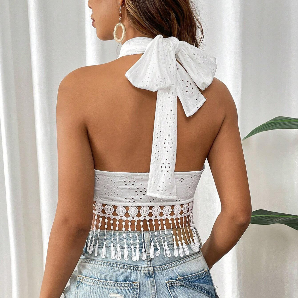 Fringed Openwork Halter Top
